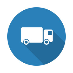 Flat white Delivery Truck web icon with long drop shadow on blue