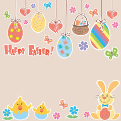 Easter Background with cute rabbit, colorful eggs and a chick