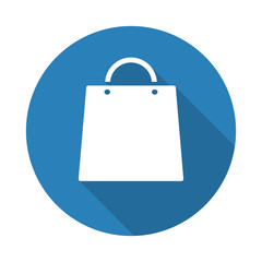 Flat white Shopping Bag web icon with long drop shadow on blue c