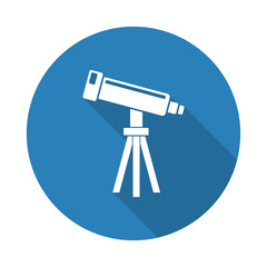 Flat white Telescope web icon with long drop shadow on blue circ