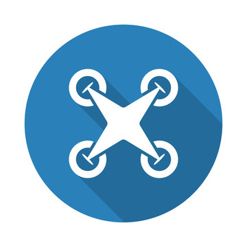 Flat white Drone Quadcopter web icon with long drop shadow on bl