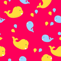 Whale kid seamless vector pattern for textile print. Blue and yellow happy cartoon whales on pink. Baby fabric pattern.