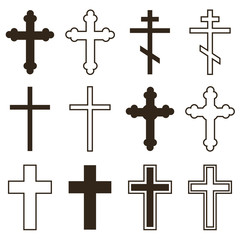 Big set of christian orthodoxy crosses in different styles and shapes isolated on white background. Cross as symbol of easter, faith, death and resurrection.