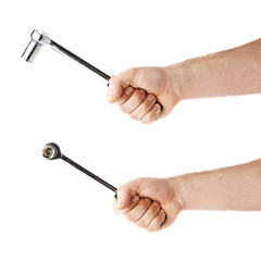 Set of hand holding a socket wrench tool, composition isolated over the white background