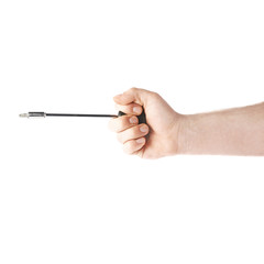 Hand holding a T-shape screwdriver tool, composition isolated over the white background