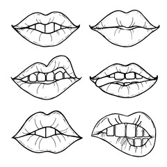 Open female mouth with black lips. Womens lips isolated on a white background. Vector illustration of sexy lips. Mouth kiss.