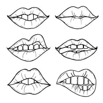 Open female mouth with black lips. Womens lips isolated on a white background. Vector illustration of sexy lips. Mouth kiss.