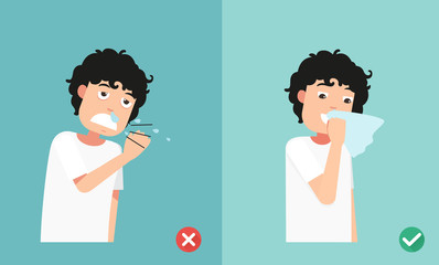 Right and wrong sneezing in hand and handkerchief,illustration