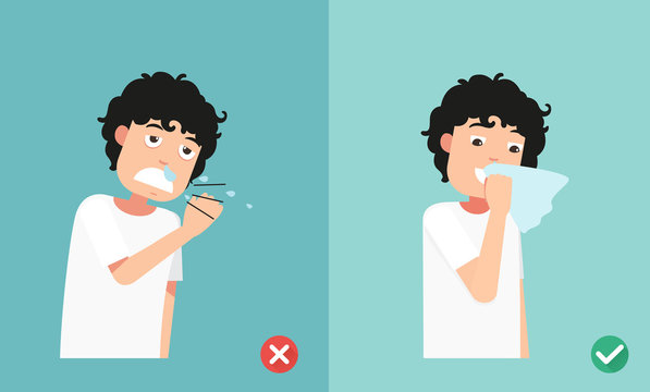 Right And Wrong Sneezing In Hand And Handkerchief,illustration