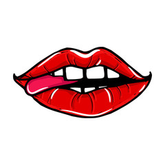 Open female mouth with red lips with tongue. Womens lips isolated on a white background. Vector illustration of sexy lips. Mouth kiss.