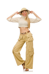 Pretty woman in beige trousers isolated on white