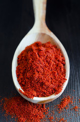 Paprika powder in a wooden spoon close up