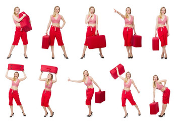 Travelling woman with suitcase isolated on white