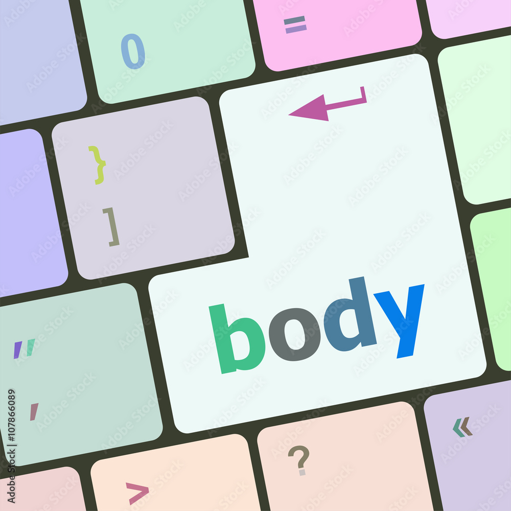 Poster body word on keyboard key, notebook computer button vector illustration
