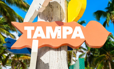 Tampa signpost with palm trees