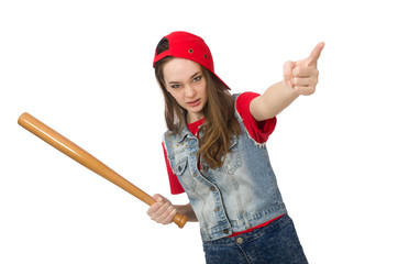 Pretty girl holding baseball bat isolated on white