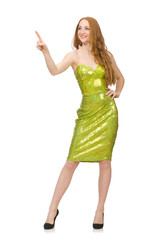 Red hair girl in sparkling green dress isolated on white