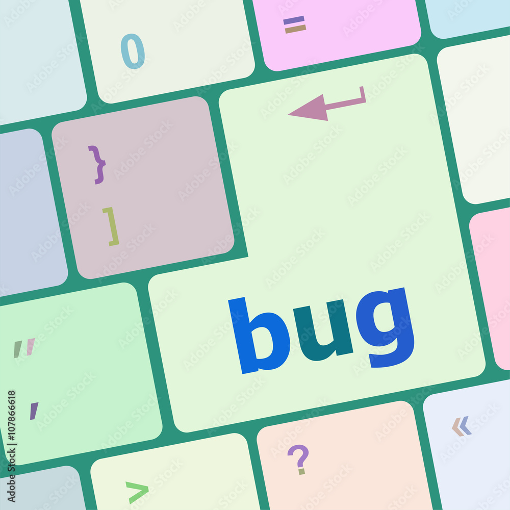 Poster computer keyboard with bug key. business concept vector illustration