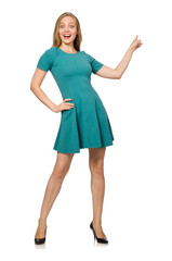Charming caucasian woman wearing green dress isolated on white