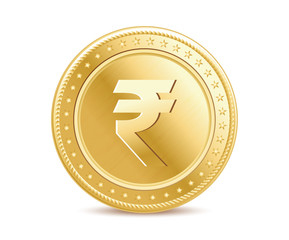 Golden isolated rupee coin on the white background