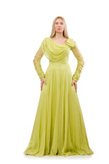 Young woman in elegant long green dress isolated on white