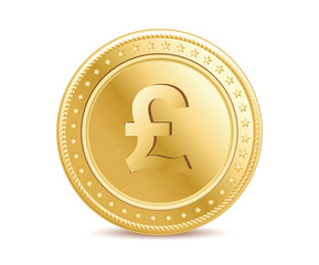 Golden pound sterling coin on the white background