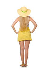 Caucasian fair model in yellow summer dress isolated on white