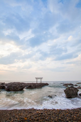 Fototapeta na wymiar Japanese shrine gate and sea at Oarai city , Ibaraki