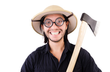 Man with axe isolated on white