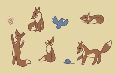 Adventures of the little fox. Vector illustration.