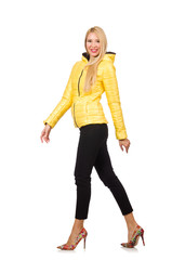 Caucasian woman in yellow jacket isolated on white