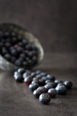 blueberries in black bowl on black stone