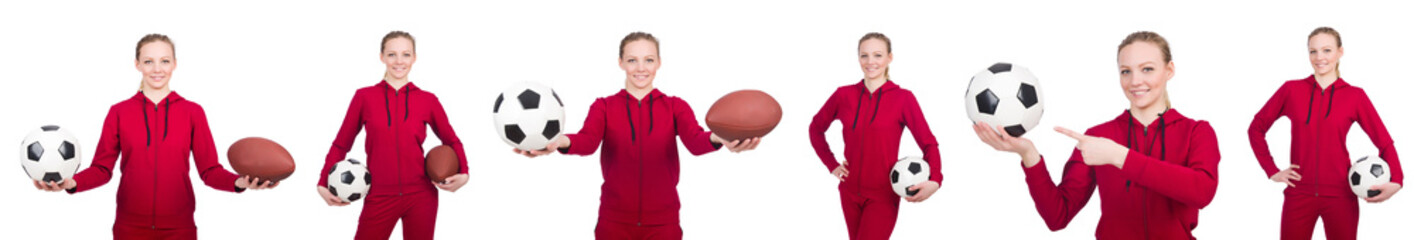 Woman with football on white