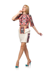 Pretty model in clothes with carpet prints isolated on white