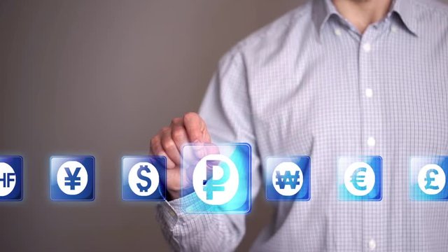 Businessman touch Ruble icons