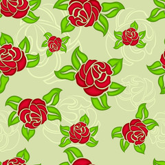 Seamless red rose buds and green leaves floral vector pattern.