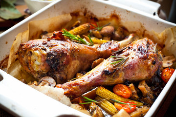Turkey leg roasted with corn