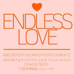 Pink romantic card with text Endless love. Vector set of letters, numbers and symbols