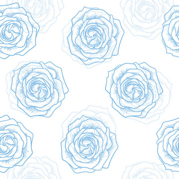 seamless graphic contour roses blue pattern