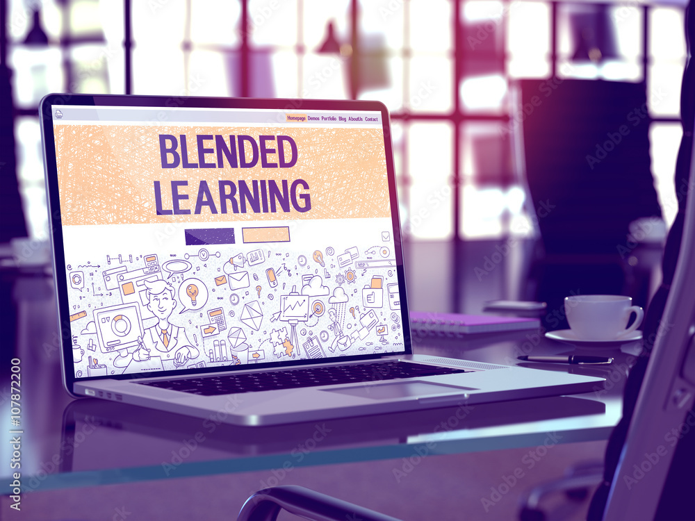 Poster blended learning - closeup landing page in doodle design style on laptop screen. on background of co