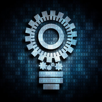 Getriebe in Form einer Gl&uuml;hbirne auf hexadezimalem Code