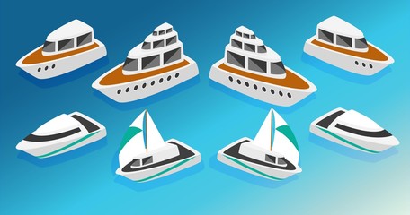 Ships yachts boats  isometric icons set isolated vector illustration