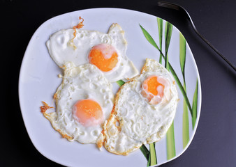 Breakfast : fried eggs on plate. High cholesterol food