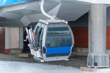 Blue elevator ski cabin in Bannoe ski center - Russia