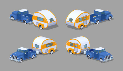 Blue retro pickup with orange-white motor home. 3D lowpoly isometric vector illustration. The set of objects isolated against the grey background and shown from different sides
