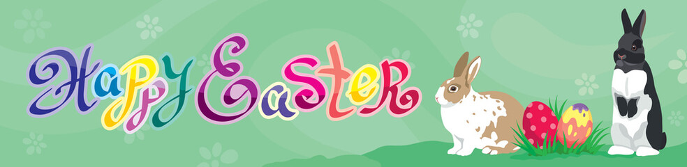 Easter holiday Web banner Header template with Easter rabbits, colorful Easter eggs and  calligraphic handwritten text