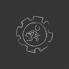 Man running inside the gear. Drawn in chalk icon.