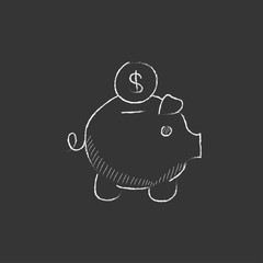 Piggy bank with dollar coin. Drawn in chalk icon.