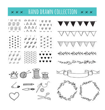 Handmade, crafts workshop icons, patterns and hand drawn illustrations