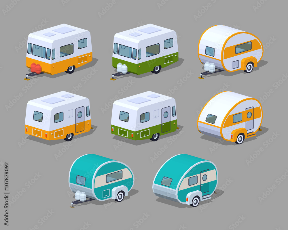 Wall mural collection of the motorhomes. 3d lowpoly isometric vector illustration. the set of objects isolated 